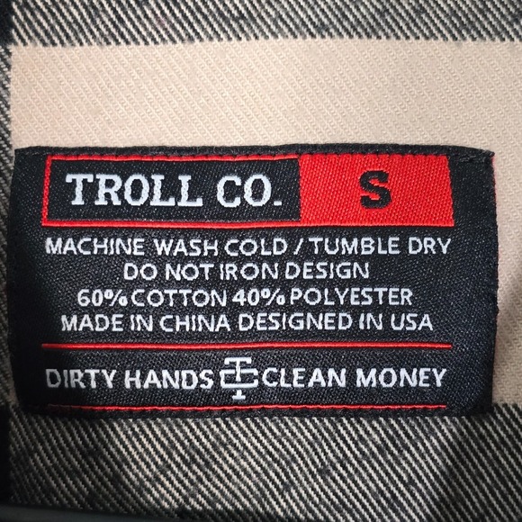 Troll Company‎ Flannel Shirt Mens Small Black White Plaid Pearl Snap Button Up - Picture 5 of 12
